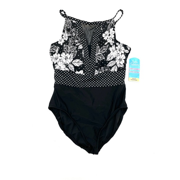 SWIM SOLUTIONS Black Floral Mesh One Piece Swimsuit 14 NEW - Picture 3 of 7